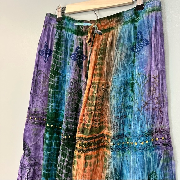 Charlie Paige Vintage Indian Size L/XL Midi Skirt Boho Flowy Crinkle Multicolor - Picture 2 of 7